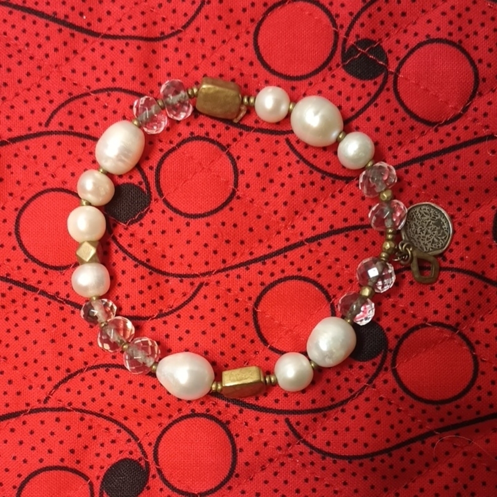 Silpada Elasticized Pearl, Brass And Silver Bracelet